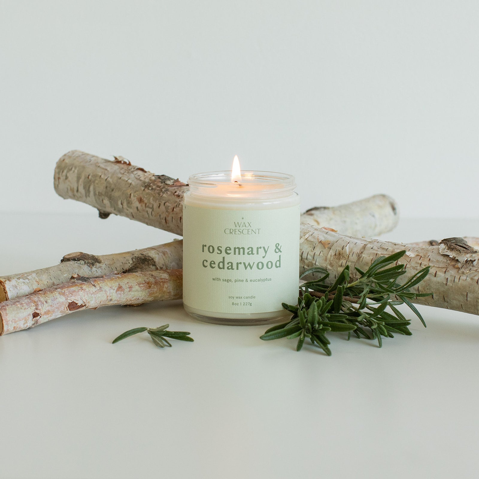 rosemary and cedarwood soy wax candle from Wax Crescent hand poured with non toxic ingredients outside of Denver in Longmont, Colorado. 