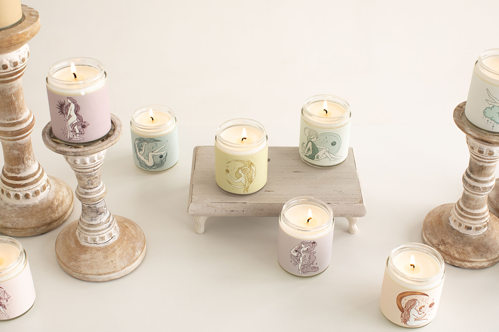 zodiac candles for astrology season: aires, taurus, gemini, cancer, leo, virgo, libra, scorpio, sagittarius, capricorn, aquarius, pisces