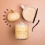 Pumpkin Chai & Vanilla soy wax candle by Wax Crescent, styled with a creamy chai latte, mini white pumpkin, vanilla bean, and cloves, evoking cozy autumn vibes.