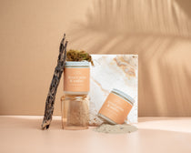 Wax Crescent Desert Palm & Amber candle styled with natural moss, driftwood, and desert-inspired textures, set against a warm neutral backdrop