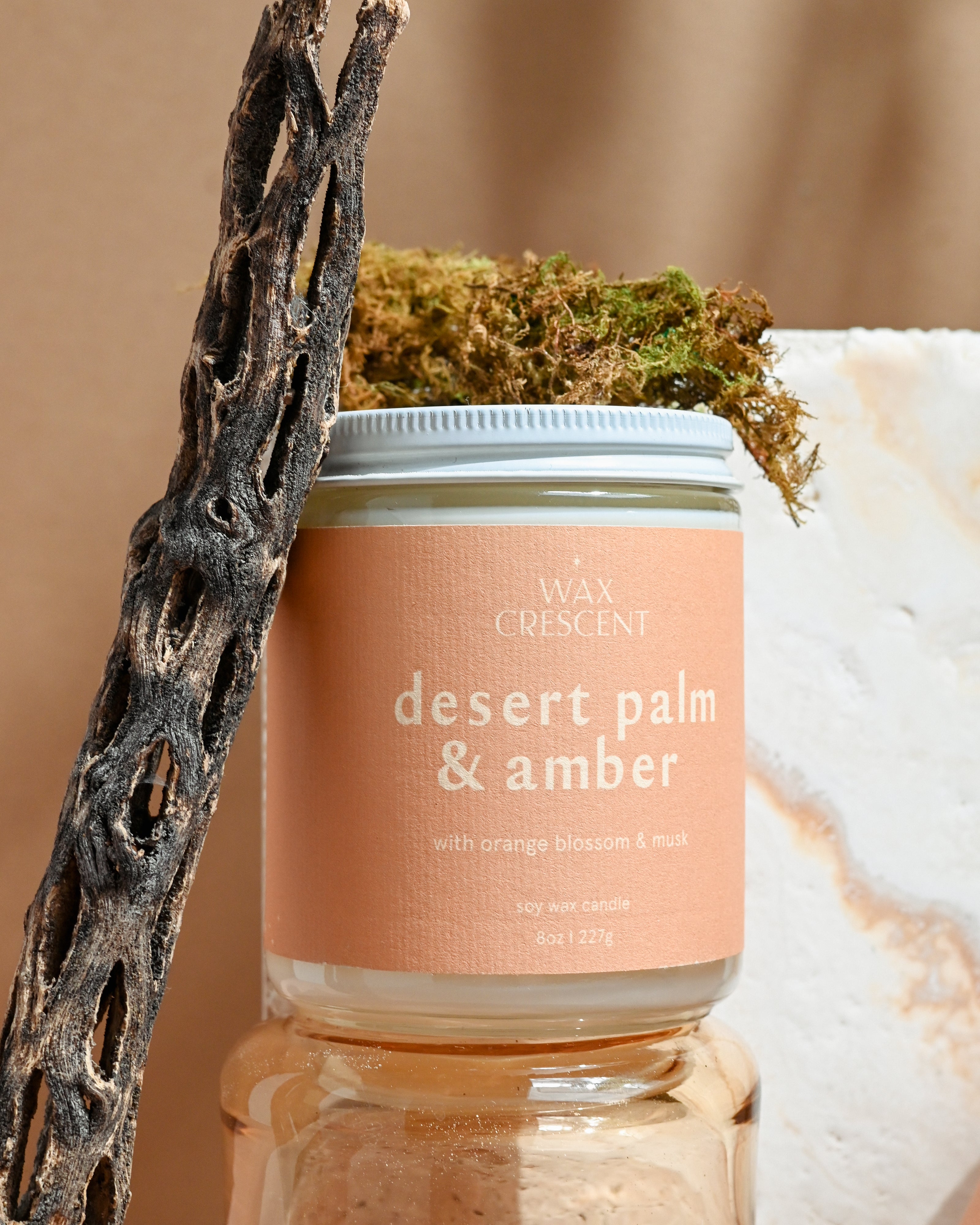 Hand-poured Desert Palm & Amber candle by Wax Crescent, featuring notes of cactus flower and amber, styled with earthy textures and soft desert tones.