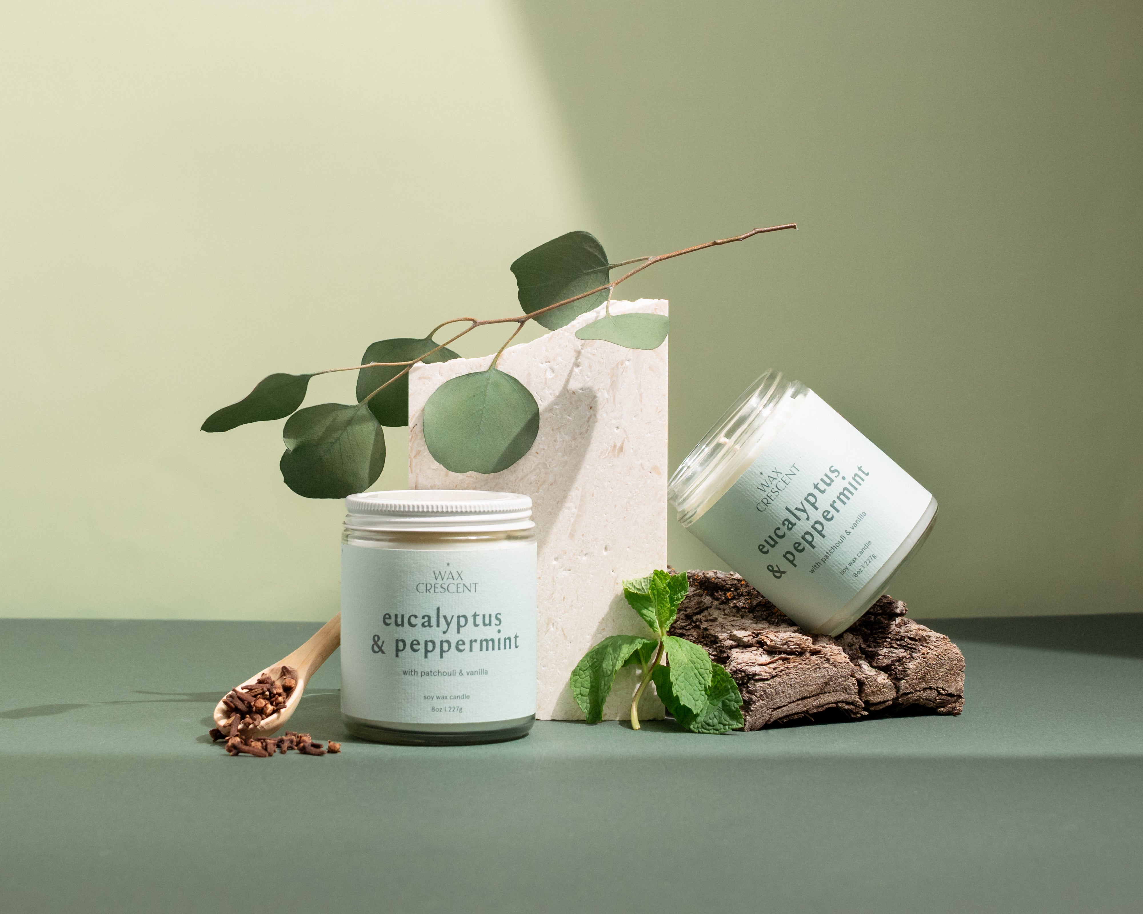 Eucalyptus & Peppermint holiday candle duo on a green surface with eucalyptus leaves and a pine cone — fresh, festive aroma hand-poured by Wax Crescent for the winter season.