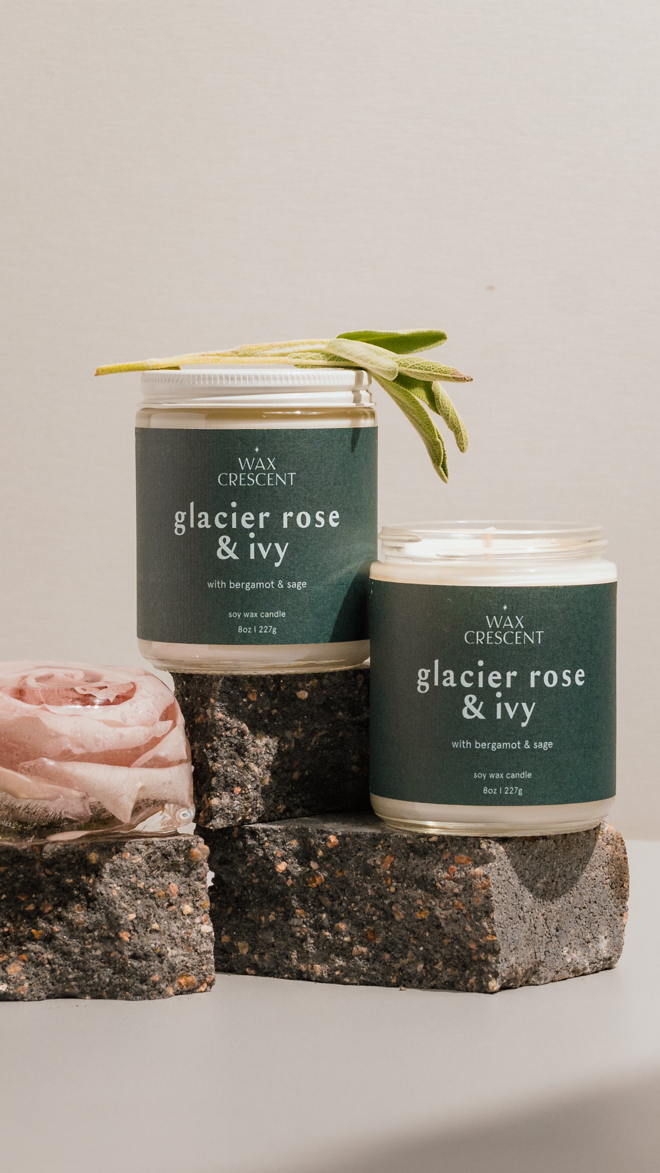 A close-up of two Glacier Rose & Ivy candles by Wax Crescent, styled with natural elements like a pink rose and sage on textured blocks, showcasing a minimalist aesthetic