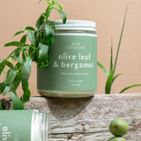 Two Olive Leaf & Bergamot luxury soy candles with olive branches and olives on a beige surface — handcrafted, non-toxic candles by Wax Crescent featuring a bright, herbal citrus aroma perfect for mindful gifting