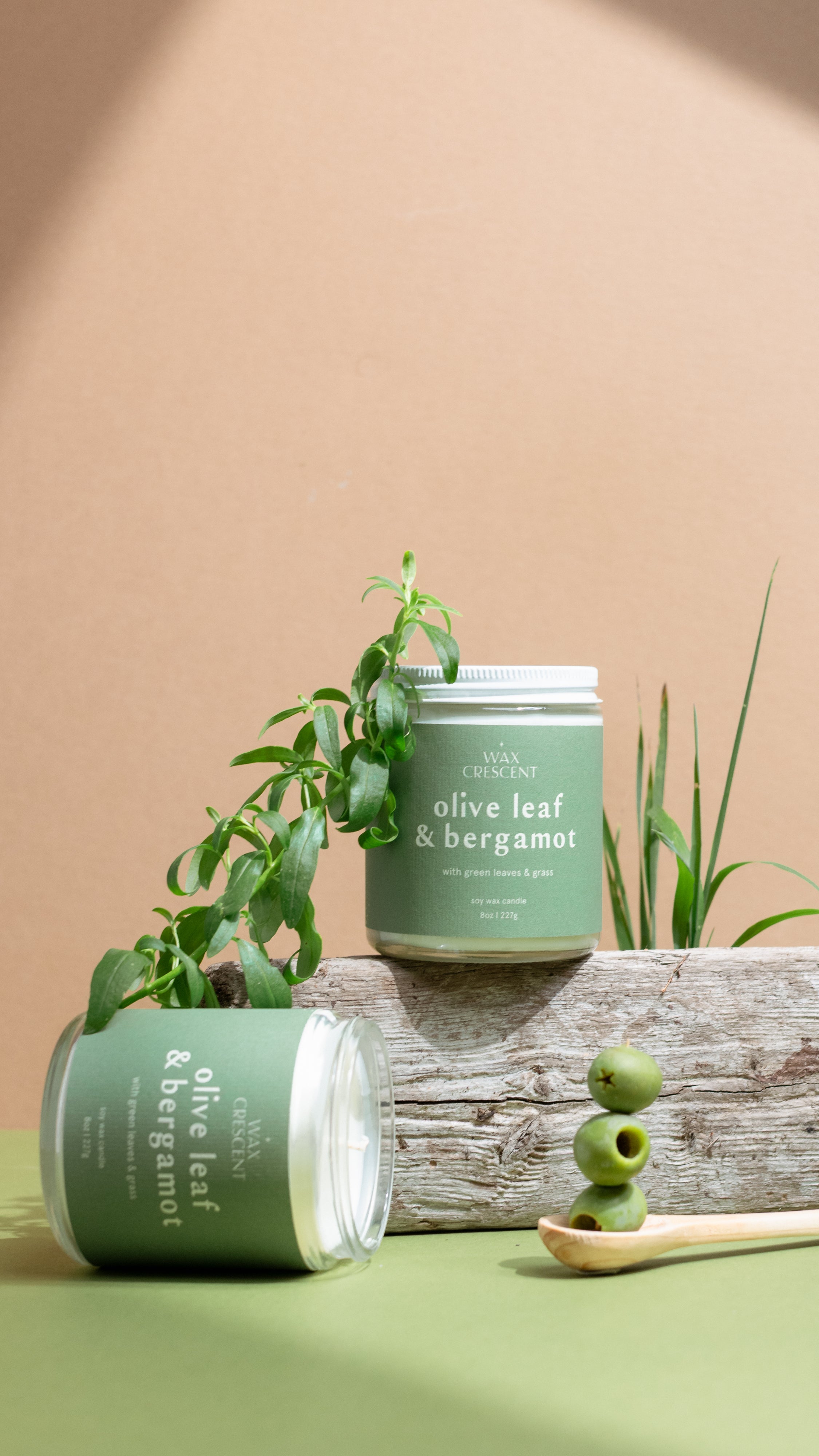 Two Olive Leaf & Bergamot candles on a beige background with olive branches and fresh olives — luxury soy candles hand-poured by Wax Crescent, featuring a clean, uplifting citrus and herbal scent inspired by Mediterranean elegance