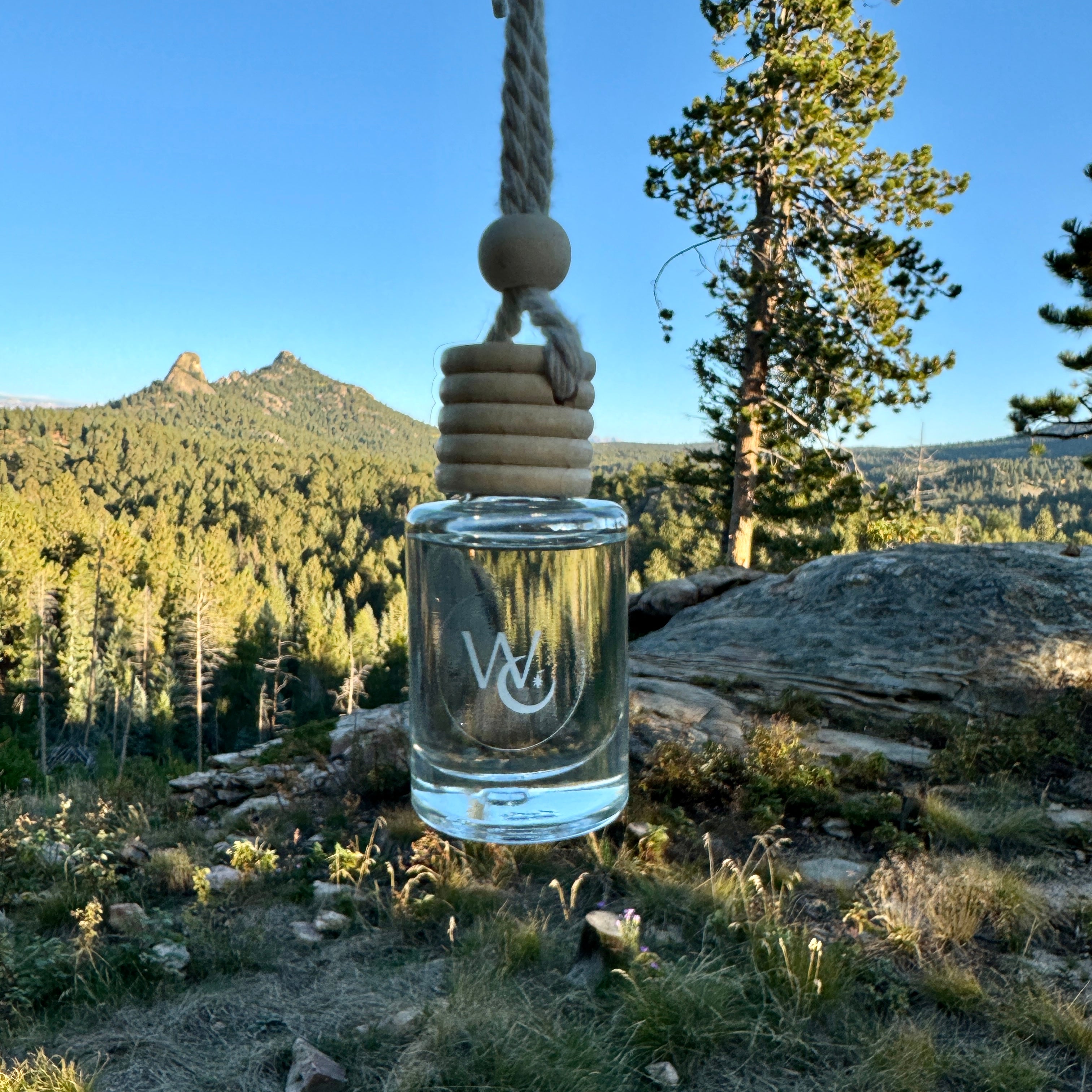 car diffuser air freshener hanging in mountains with beautiful background