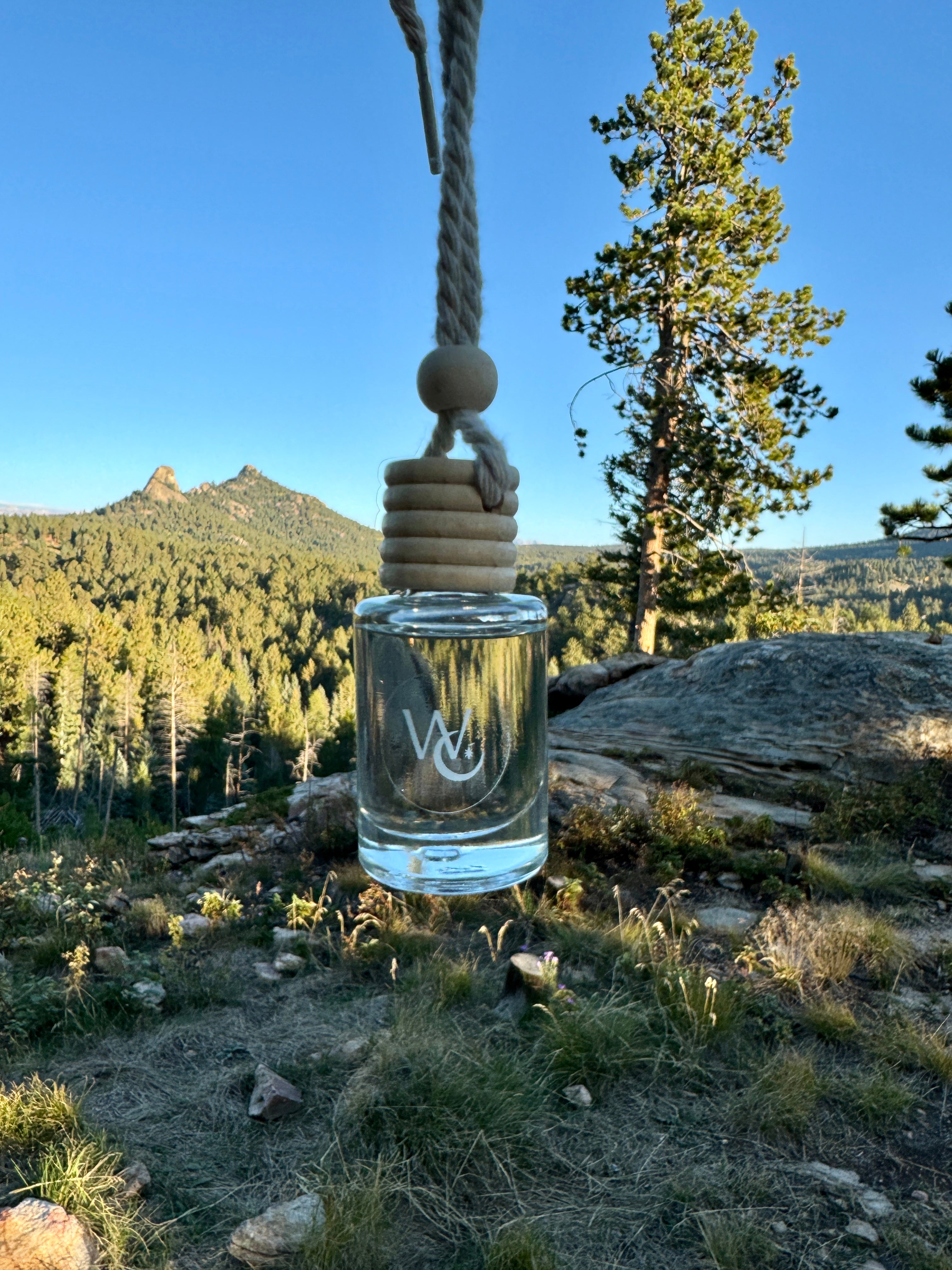 car diffuser air freshener hanging in mountains with beautiful background