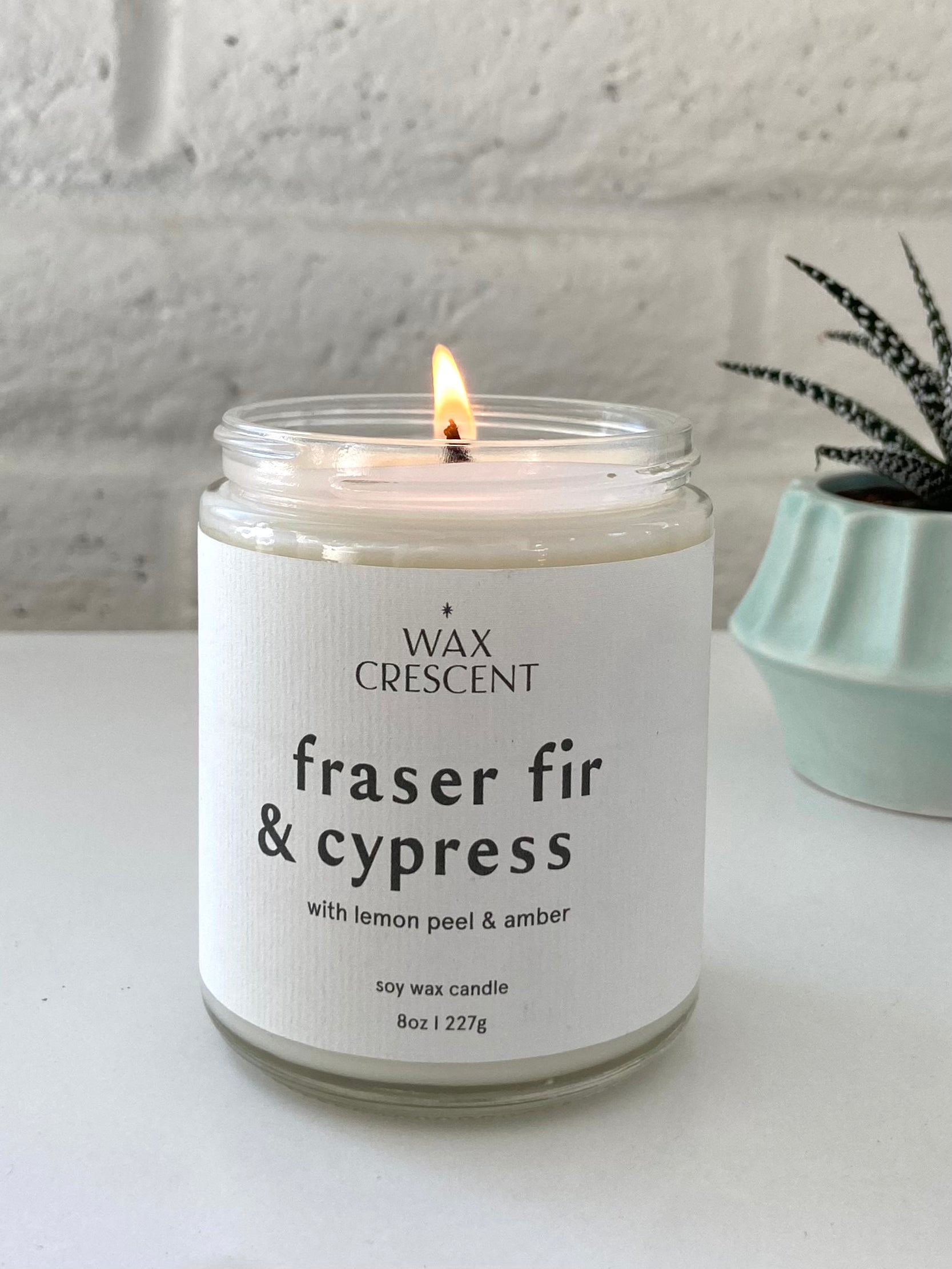 Fraser Fir & Cypress soy candle lit, featuring a minimalist white label with a clean background and a potted plant, hand-poured in Colorado