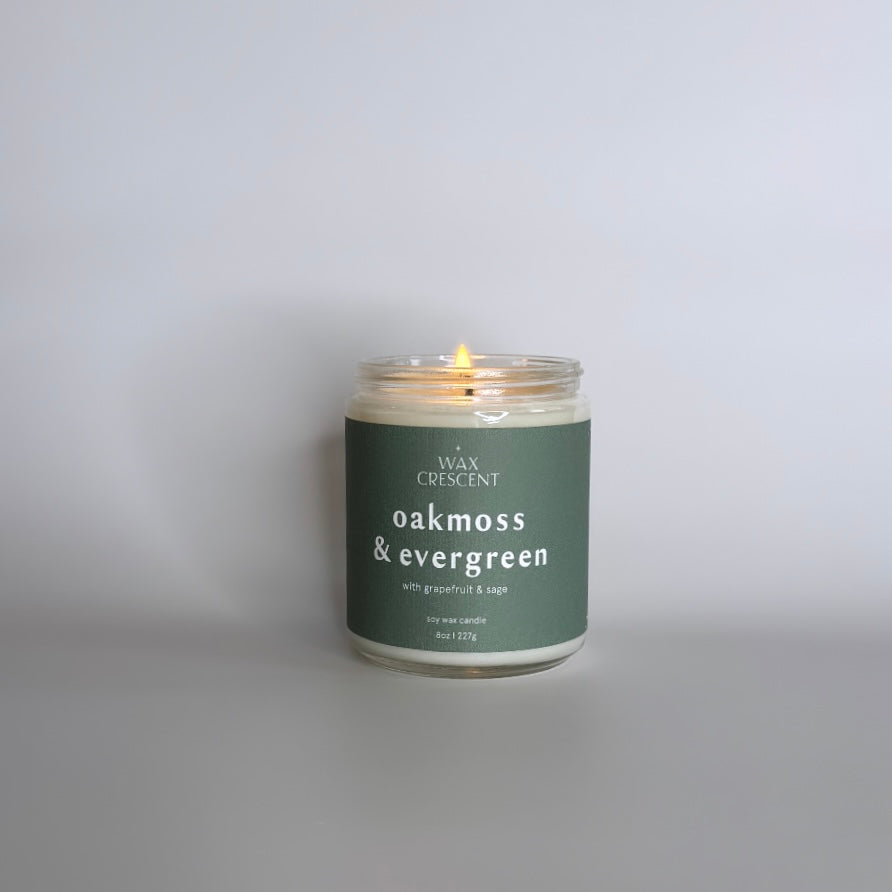oakmoss and evergreen soy wax candle made in Colorado