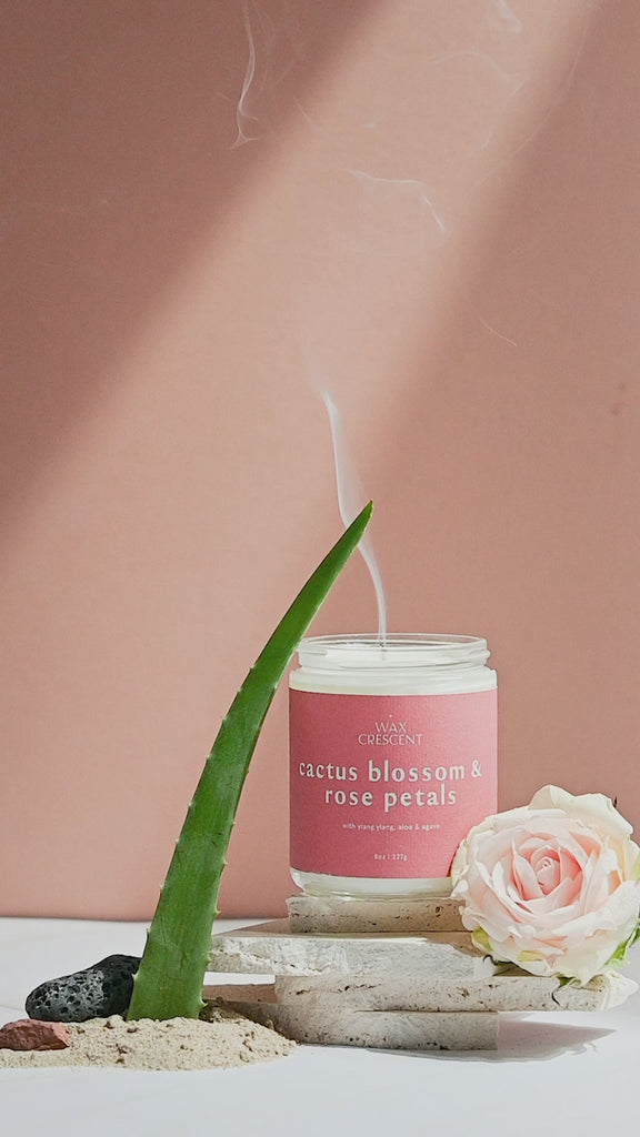 Wax Crescent Cactus Blossom & Rose Petals candle styled with aloe vera, soft pink rose, sand, and natural stones, set against a warm peach-toned background. the smoke from the candle is rising 