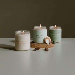 soy wax candle subscription box three soy candles lit made with USA grown soybean wax and nontoxic fragrance and essential oils.