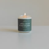 White Birch & Eucalyptus soy wax candle in a minimalist jar, featuring an elegant label, with eucalyptus leaves and pinecones, highlighting its grounding forest-inspired scent.